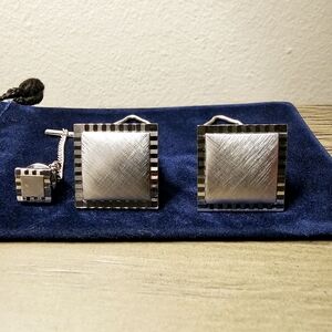 Vintage SWANK Silver Square Cufflinks And Matching Tie Pin
